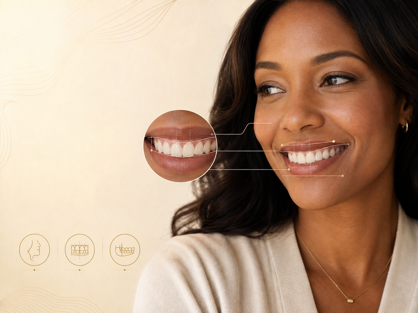 Cosmetic dentistry planning visual showing a natural smile with guides for facial balance, gum contour, tooth proportion, and bite stability.