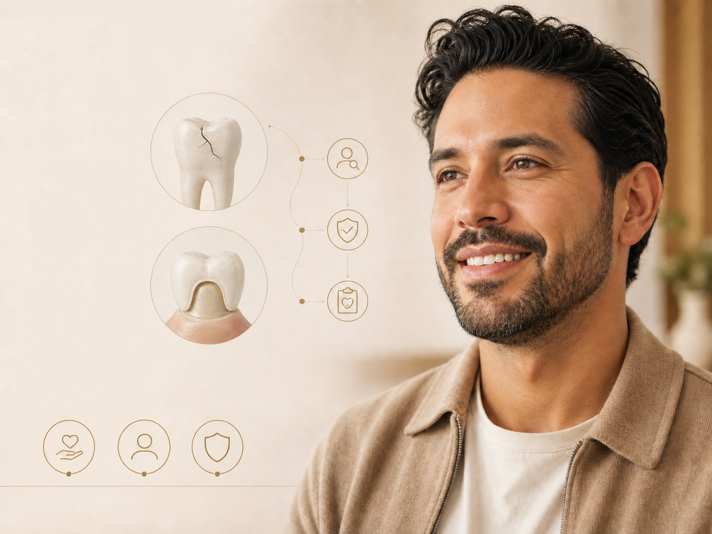 Calm emergency dentistry planning visual showing a patient, a cracked tooth, a damaged crown, and a clear triage path.
