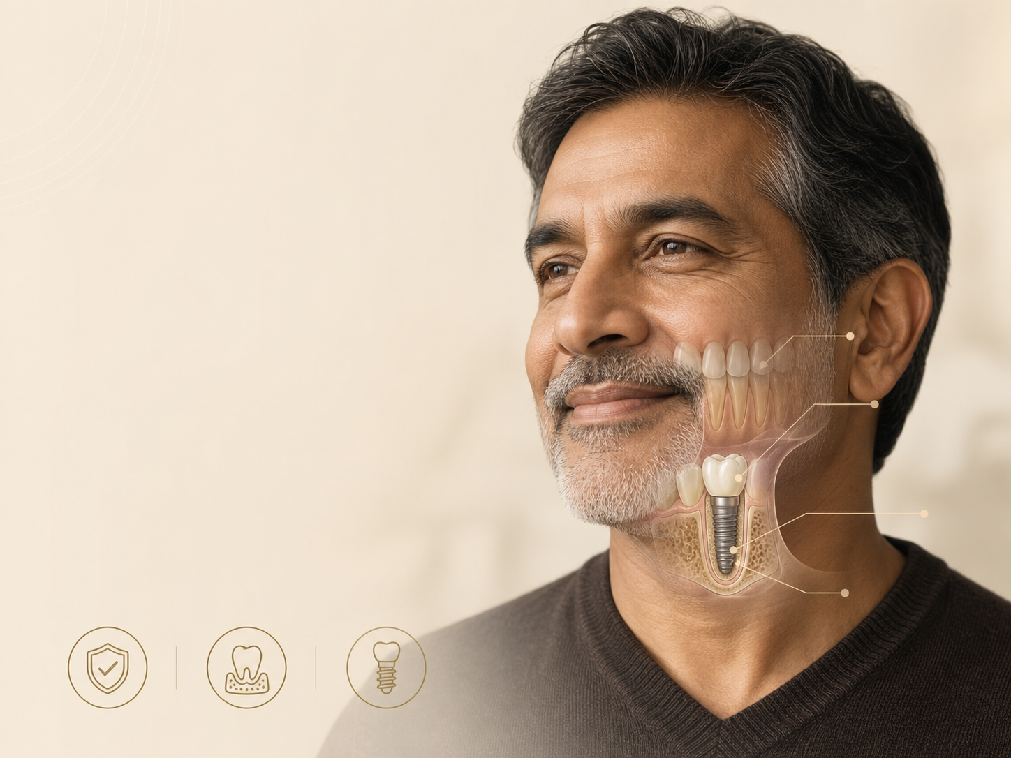 Periodontal planning visual showing a patient with gumline, tooth-root, bone-support, and implant-foundation diagrams.