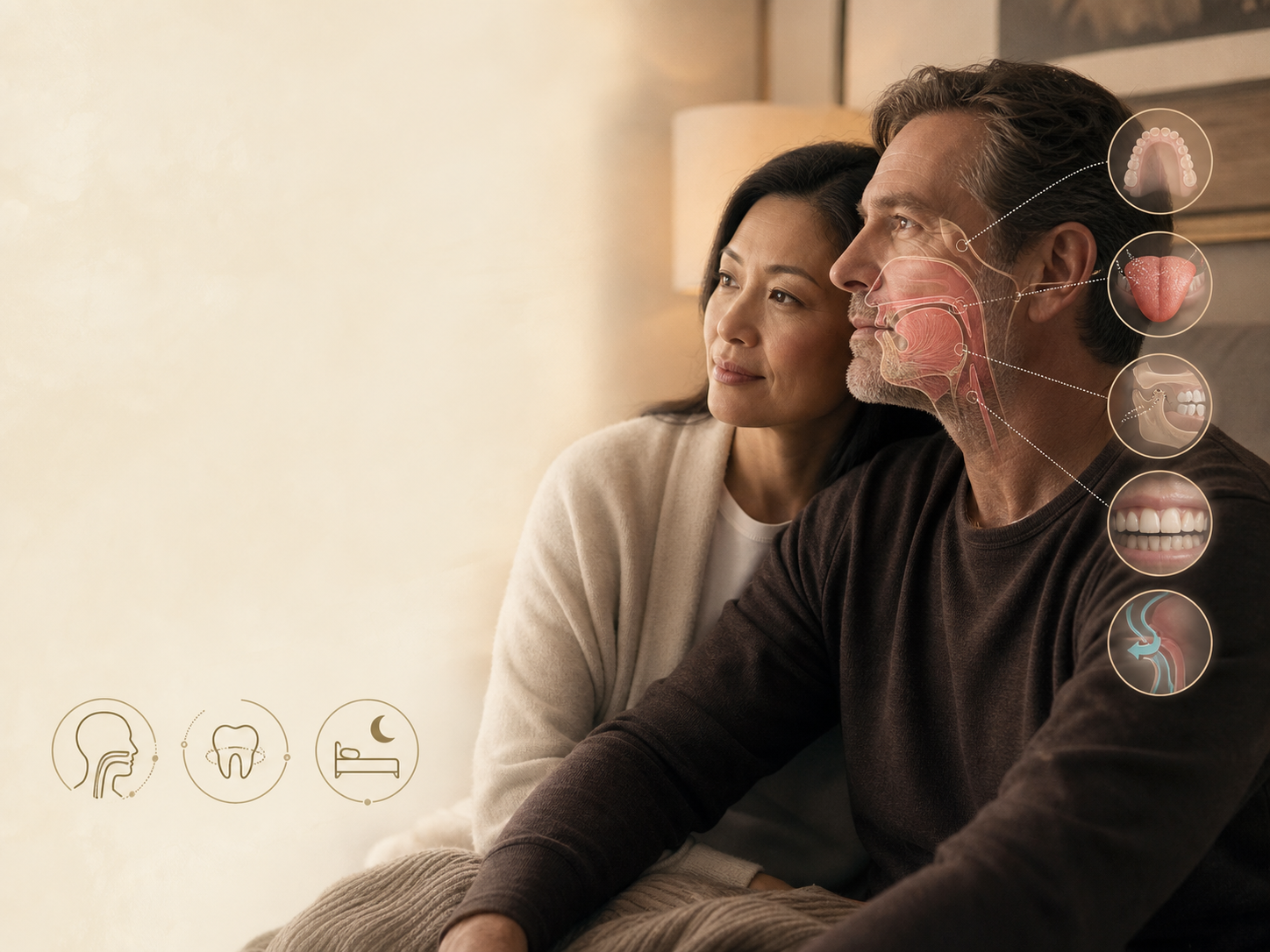 Sleep and airway screening visual showing a couple with careful dental observations of the palate, tongue, jaw relationship, and oral signs.