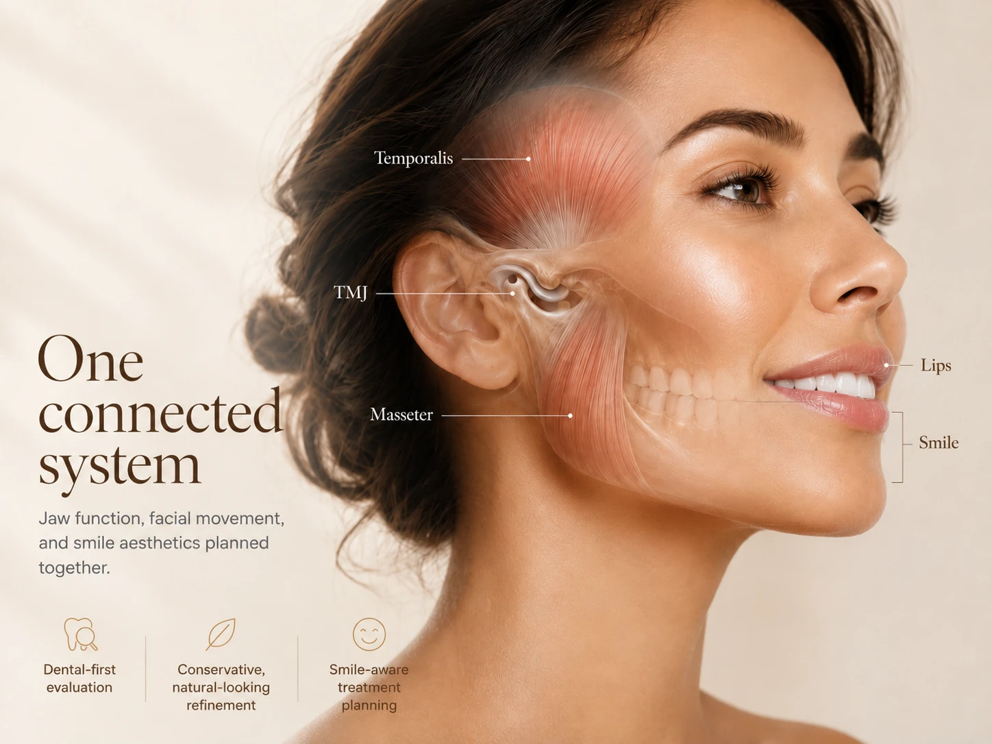 Illustrated jaw anatomy showing the temporalis, jaw joint, masseter, teeth, lips, and smile considered together during an evaluation.